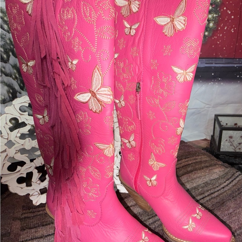 Dingo Retro Hot Pink Knee High Embroidered Leather Boots, Unreleased NWT Size 7 - Picture 3 of 12